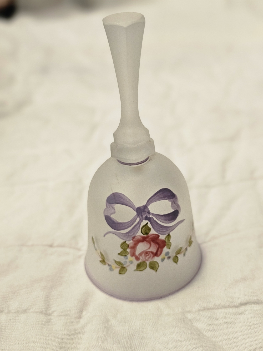 Vintage Hand-Painted Glass Bell with Purple Bow & Pink Rose